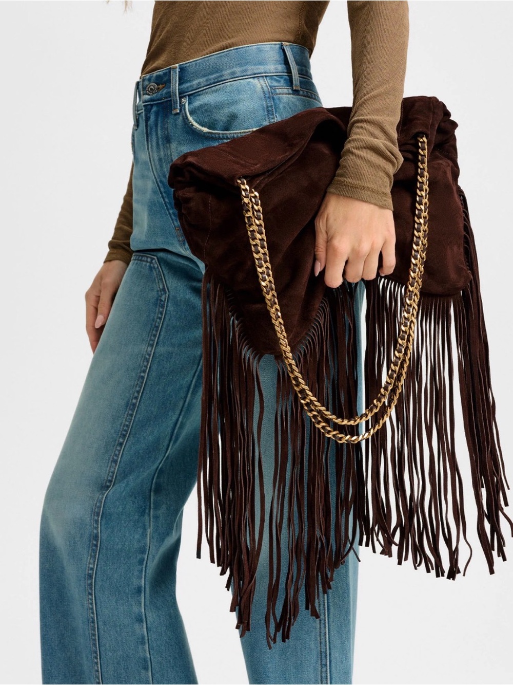 Veronica Beard $895 Ret NWT Lg Fringe Dark Brown Suede Gold-Chain Slouch Bag - Picture 1 of 3